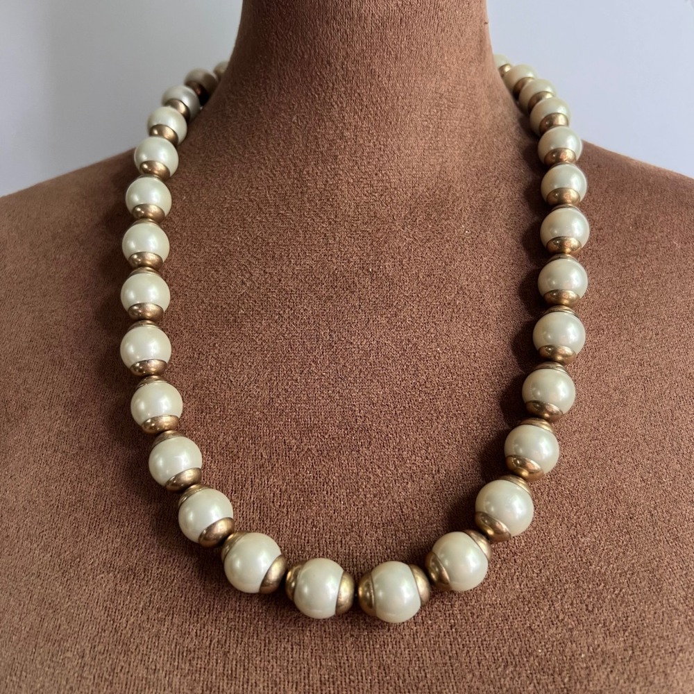 J Crew Black Glass Pearl Gold Tone Spacer Ribbon Tie Necklace 40" Dark Academia